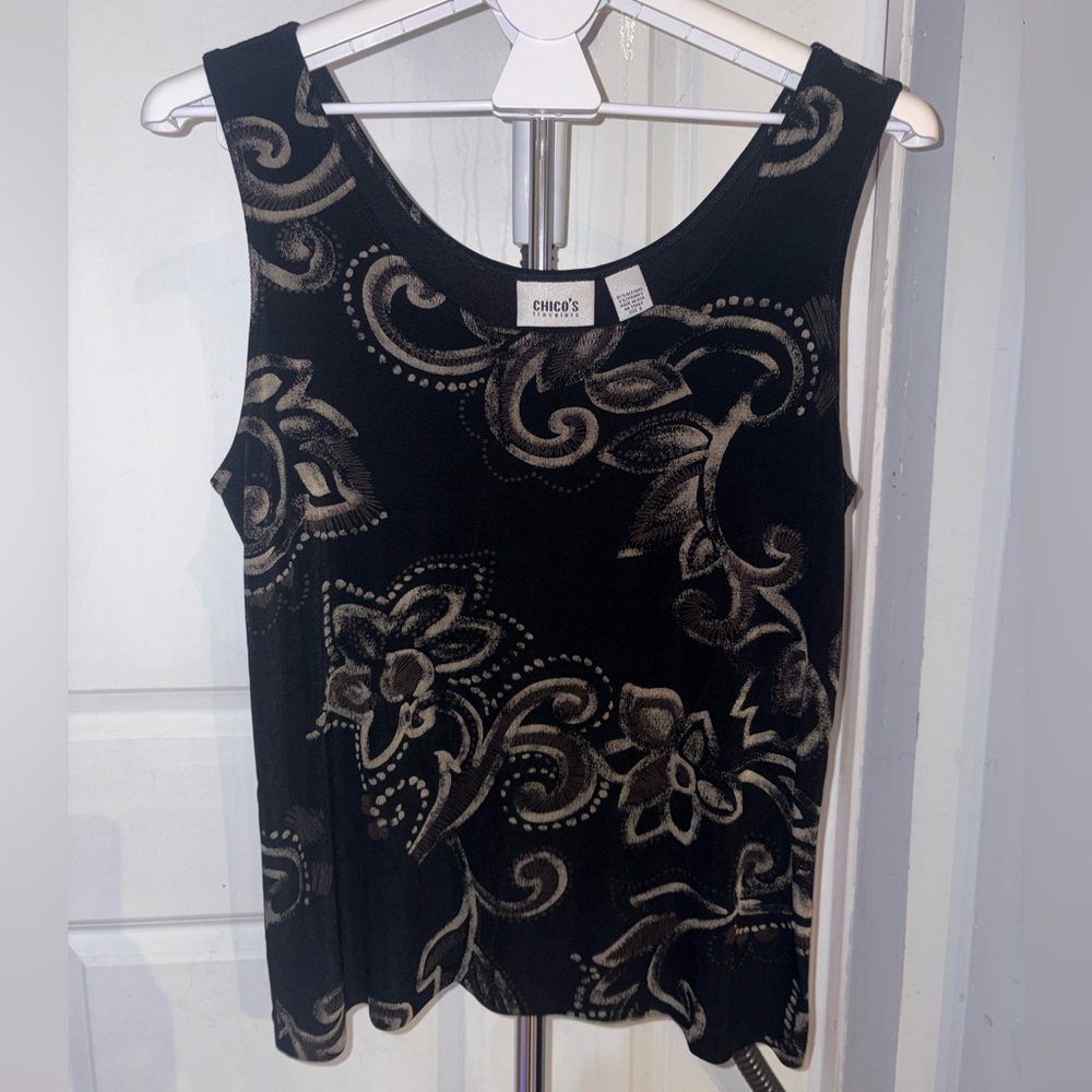 Chico's Elegant Black and Tan Patterned Sleeveless Top - sz3(XL) (P25)